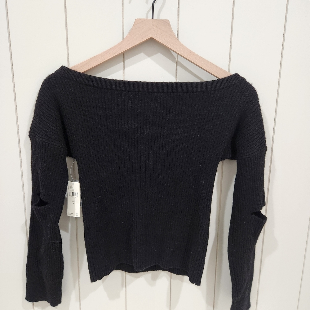 Wide Neck Ribbed Black Cashmere Crop Sweater, Size M, Anthropologie - Picture 3 of 8